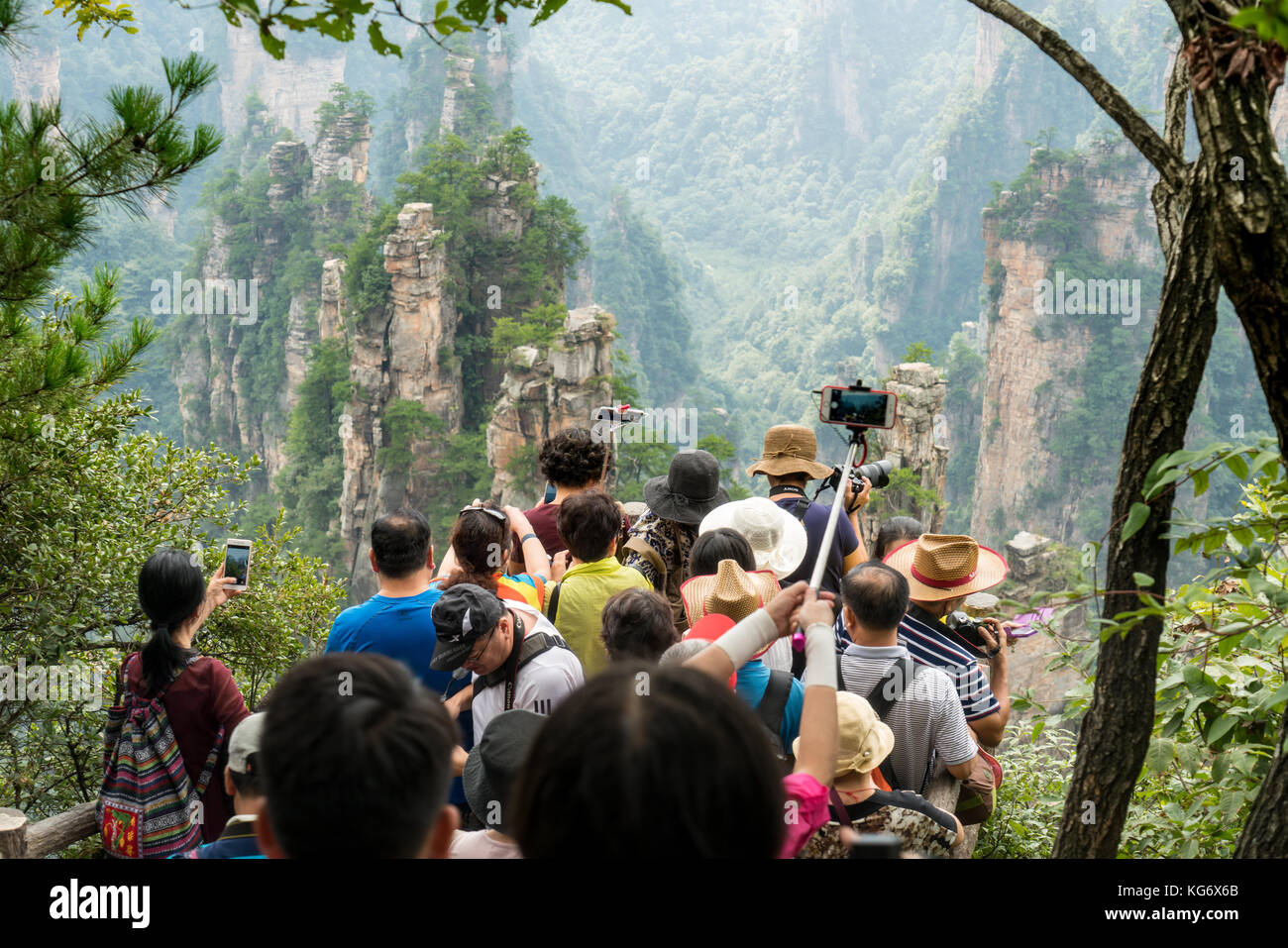 Folle di persone che fotografano l'epico paesaggio del Parco Nazionale forestale di Zhangjiajie, provincia di Hunan, Cina Foto Stock