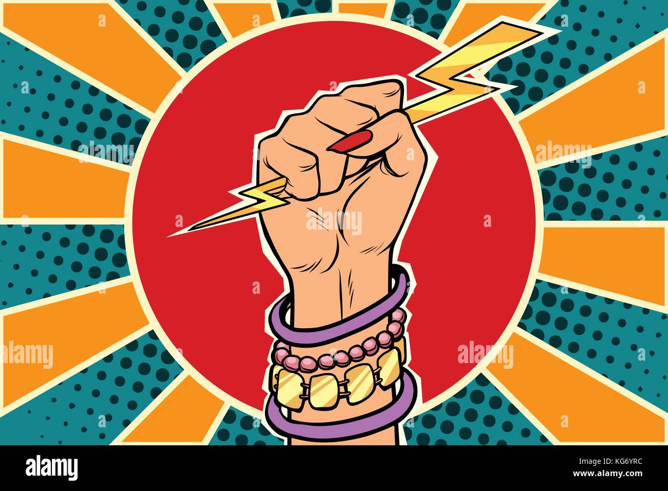 Girl power fulmine in pugno. donna caucasica. arte pop retrò illustrazione vettoriale Illustrazione Vettoriale