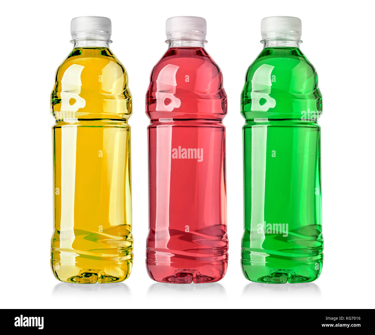 Le bevande energetiche con sapori diversi su uno sfondo bianco con tracciato di ritaglio Foto Stock