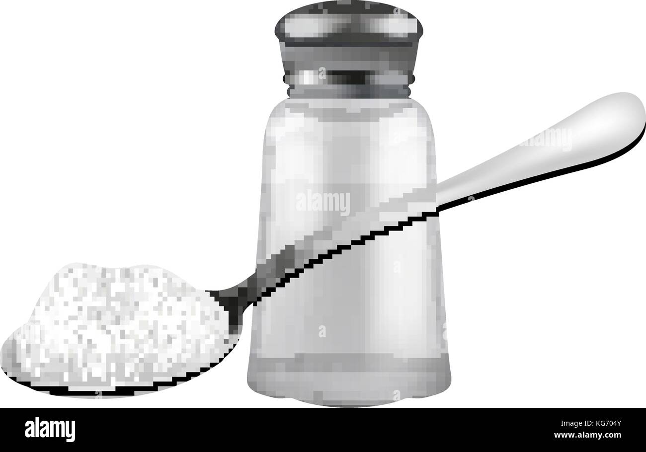 3d realistica shaker di sale e 1 cucchiaio di sale. isolato su sfondo bianco. il vasetto di vetro per le spezie. ingredienti per il concetto di cucina a vista. illustrazione vettoriale Illustrazione Vettoriale