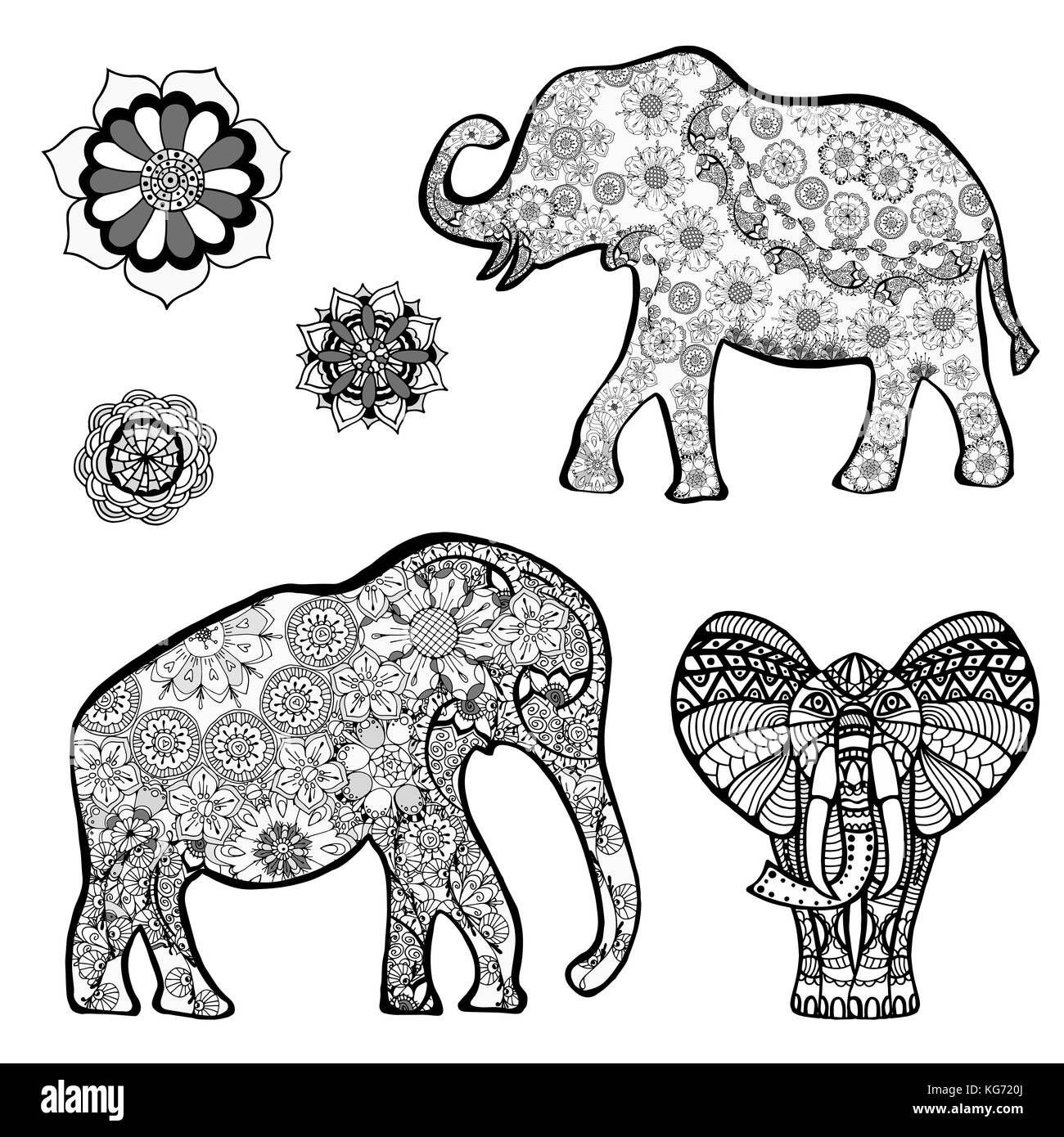 Set di disegno vettoriale di un elefante con motivi etnici di India. Sullo sfondo di Grange. immagine come un tatuaggio. Illustrazione Vettoriale