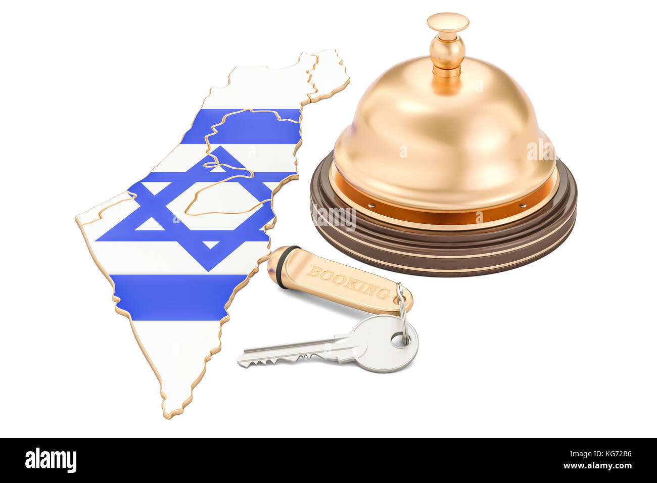 Israele il concetto di prenotazione. Bandiera israeliana con hotel key e il campanellino, rendering 3D Foto Stock