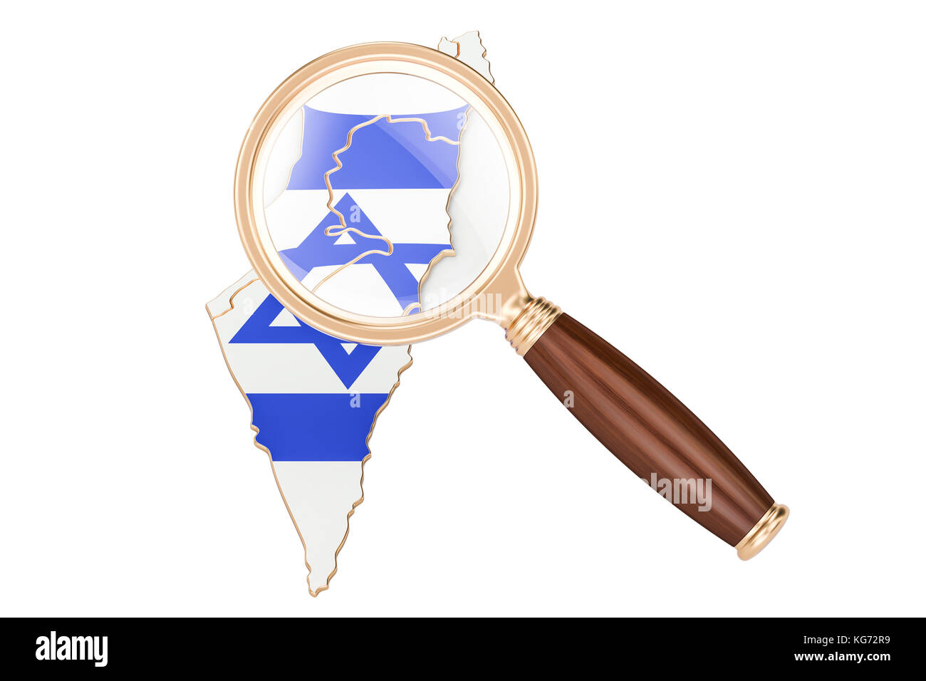 Israele sotto la lente di ingrandimento, il concetto di analisi, rendering 3D isolati su sfondo bianco Foto Stock