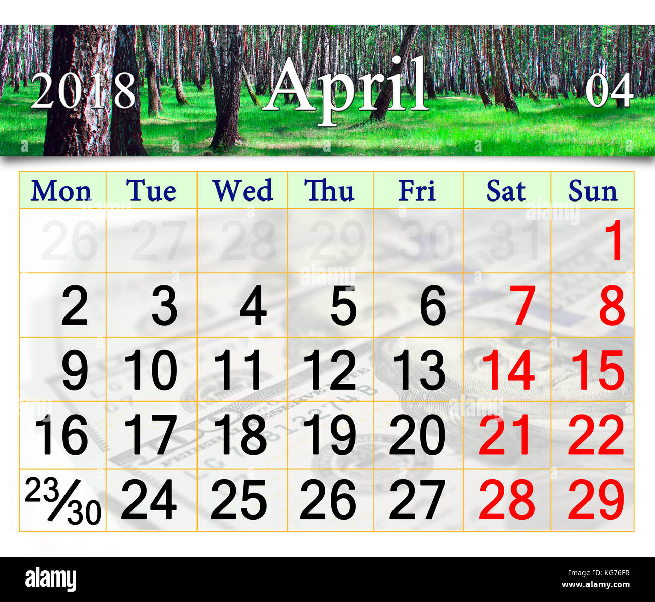 Calendario per il mese di maggio 2018 con verde primavera grove Foto Stock