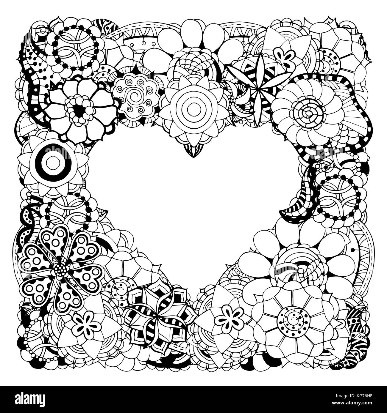 Cornice monocromatica da abstract fiori a forma di cuore. doodle sfondo. illustrazione vettoriale Illustrazione Vettoriale