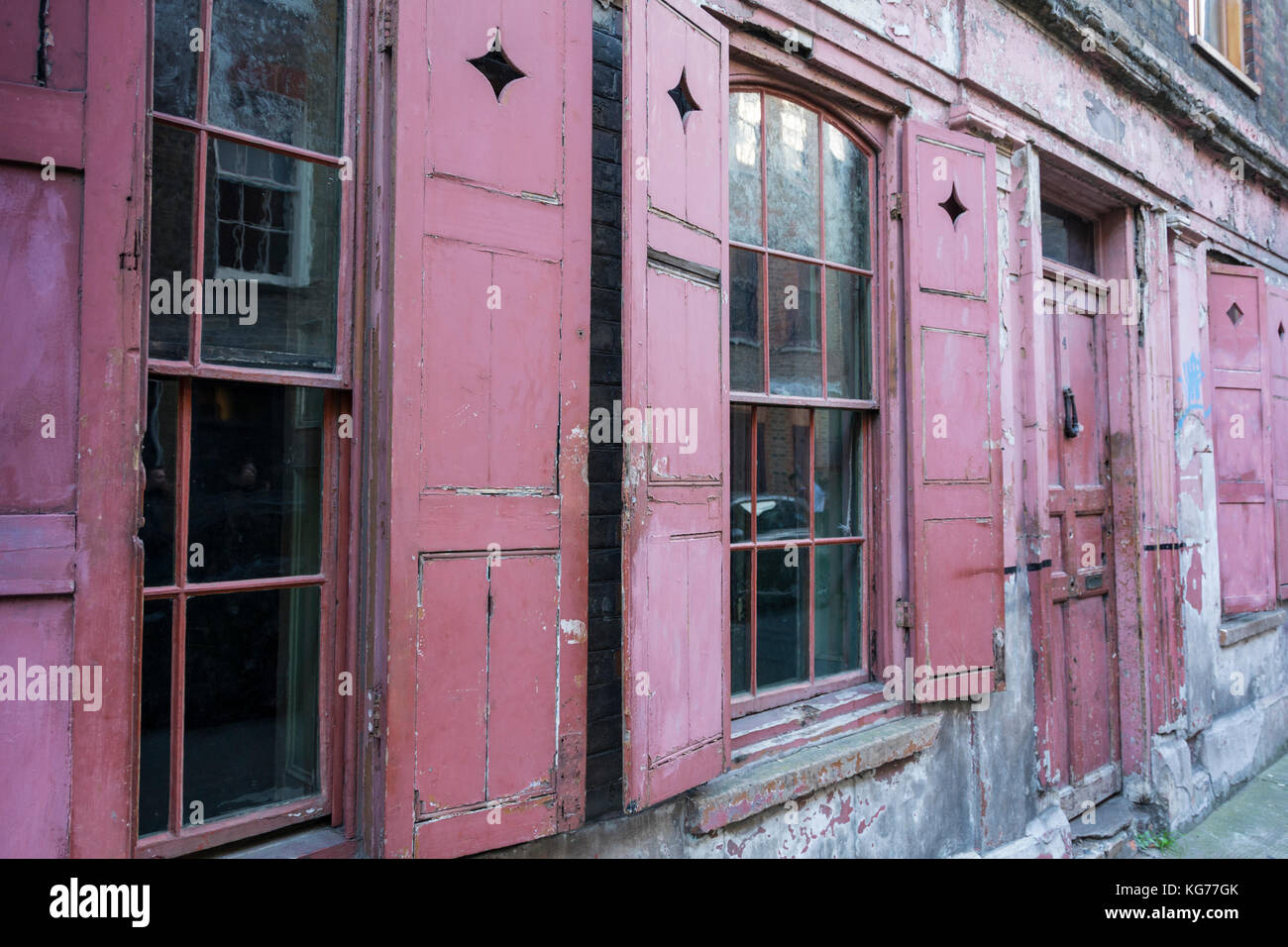 La facciata esterna del 4 Princelet Street, Spitalfields, LONDRA, E1, Regno Unito Foto Stock