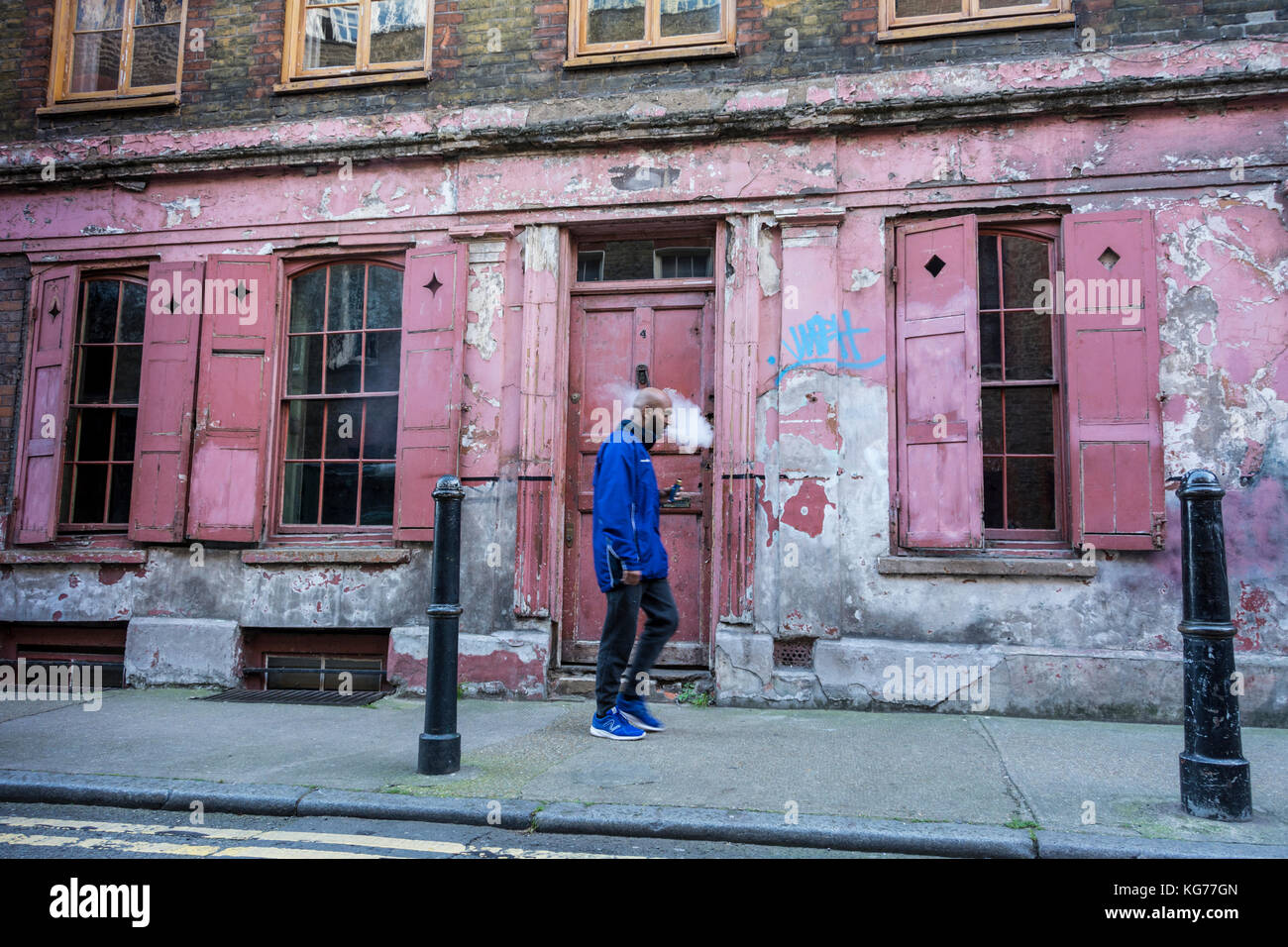 La facciata esterna del 4 Princelet Street, Spitalfields, LONDRA, E1, Regno Unito Foto Stock