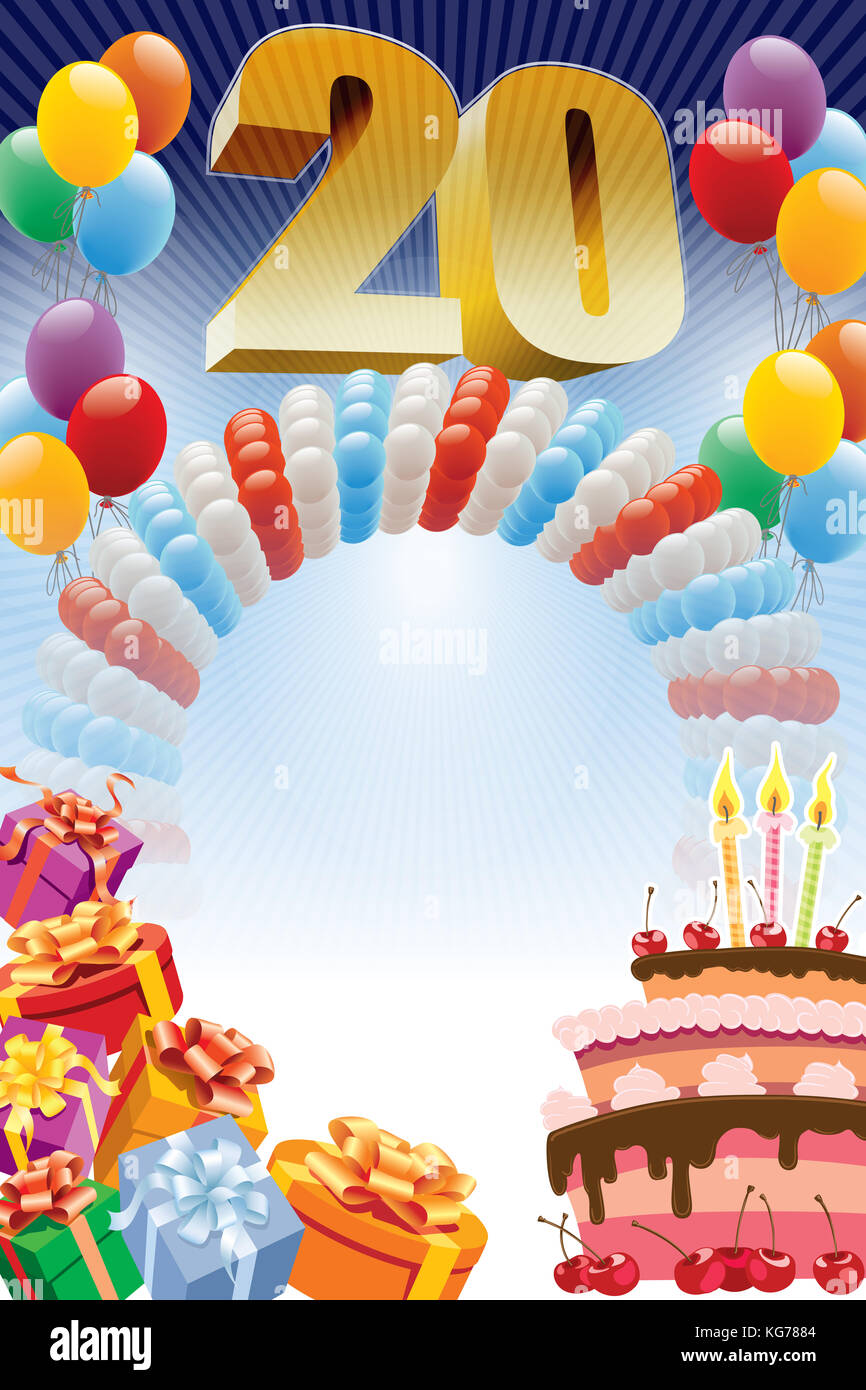 Sfondo con elementi di design e la torta di compleanno. il poster o un invito per il ventesimo compleanno o anniversario. Foto Stock