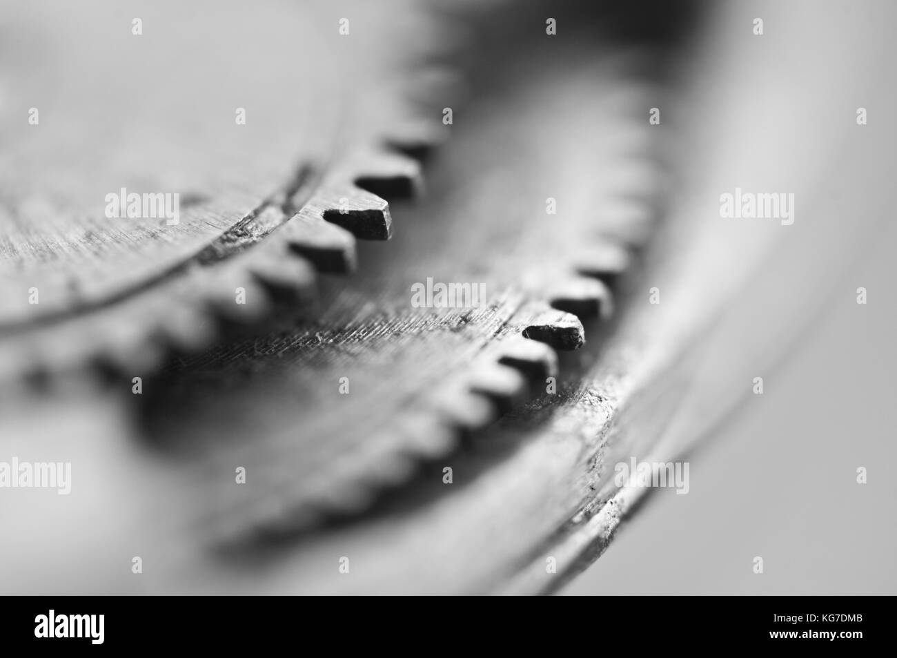 Ruote dentate, sfondo industriale monocromatico. Profondità di campo molto bassa, la messa a fuoco è molto piccola. Fotografia creativa per progetti concettuali. Macro. Foto Stock