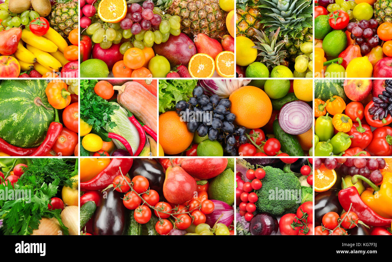 Collage di cibi sani. Frutta e verdura. sfondo di prodotti utili. tre foto per skinali. Foto Stock