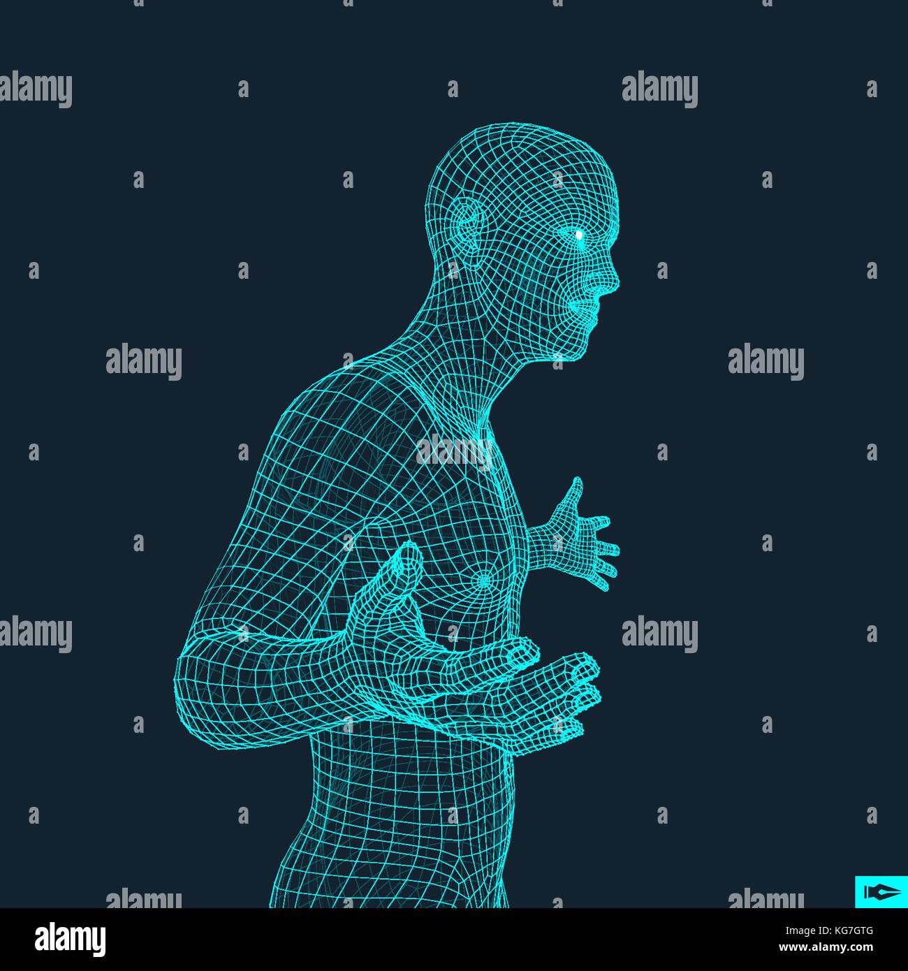 Modello 3d dell'uomo. corpo umano modello filo. elemento di design. tecnologia illustrazione vettoriale. Illustrazione Vettoriale