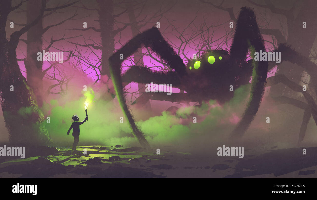 Dark Fantasy concetto che mostra il ragazzo con una torcia rivolta verso il ragno gigante nella foresta misteriosa, arte digitale stile, illustrazione pittura Foto Stock