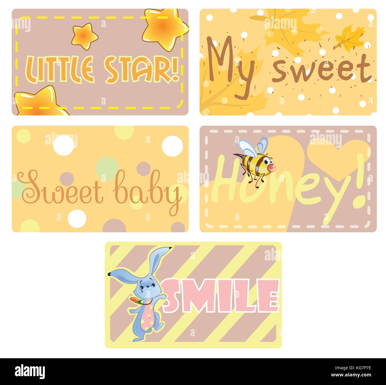 Set di cartoline di auguri clipart con simpatici baby coniglio, cuori, baby animali, bee, stelle per i vestiti del bambino, adesivi, giochi. Illustrazione Vettoriale