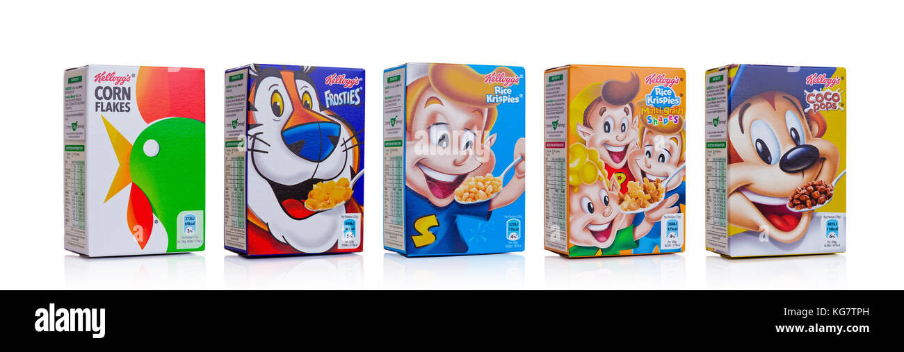 London, Regno Unito - 03 novembre 2017: boxex della Kellogg's cereali per la prima colazione su sfondo bianco, frosties sono un popolare cereali per la prima colazione composta da zucchero rivestire Foto Stock