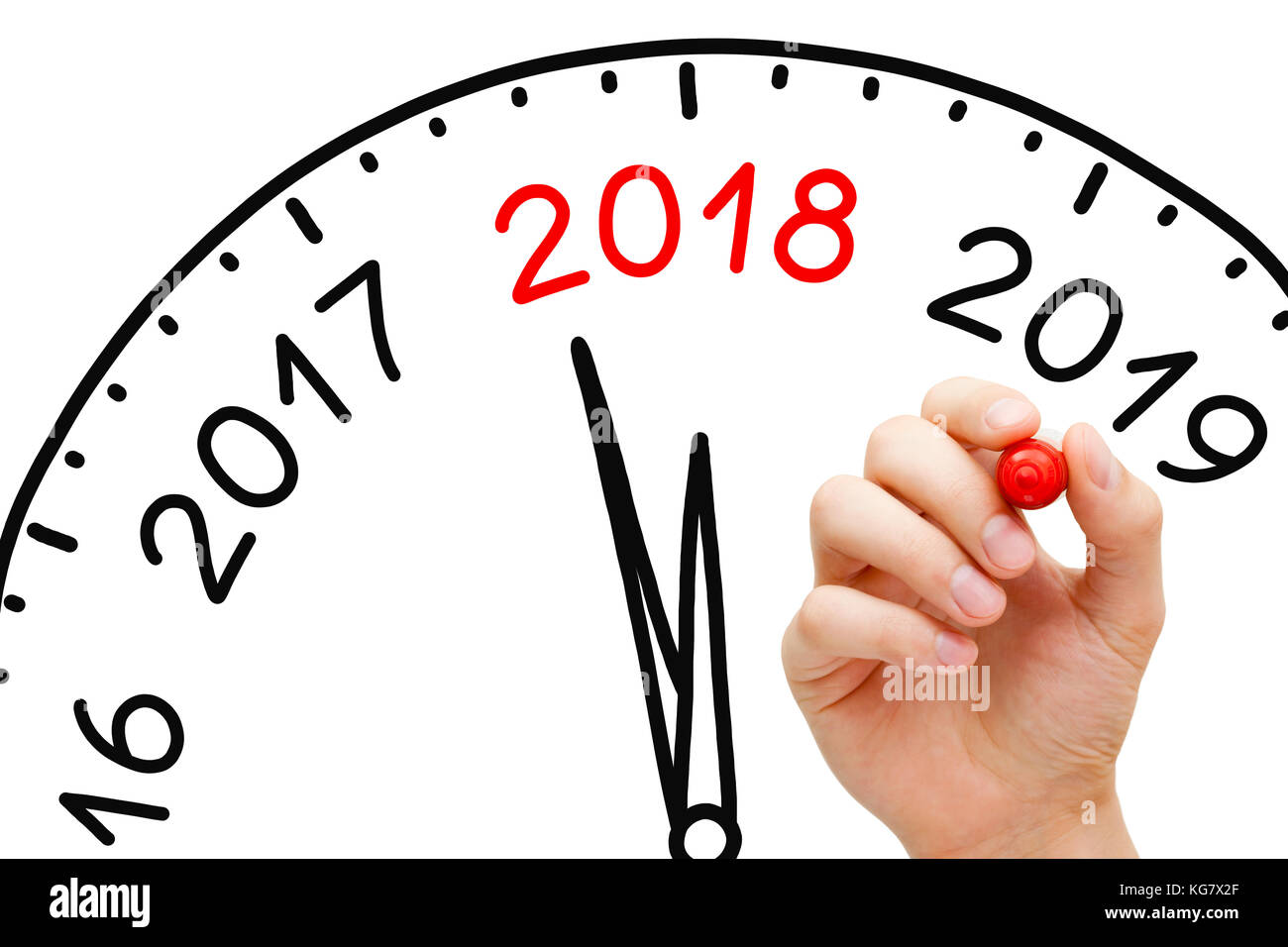 Disegno a mano nuovo anno 2018 il concetto di clock con un pennarello sulla cancellazione trasparente stampato. Foto Stock