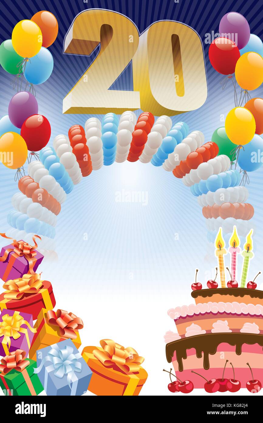 Sfondo con elementi di design e la torta di compleanno. il poster o un invito per il ventesimo compleanno o anniversario. Illustrazione Vettoriale