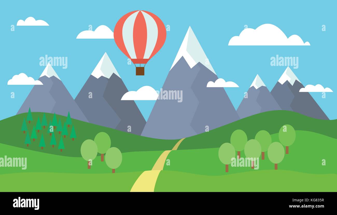 Cartoon vista sul modo di paesaggio di montagna con un rosso Mongolfiera Volare in colline con alberi e neve sulle cime sotto un cielo blu con cl Illustrazione Vettoriale