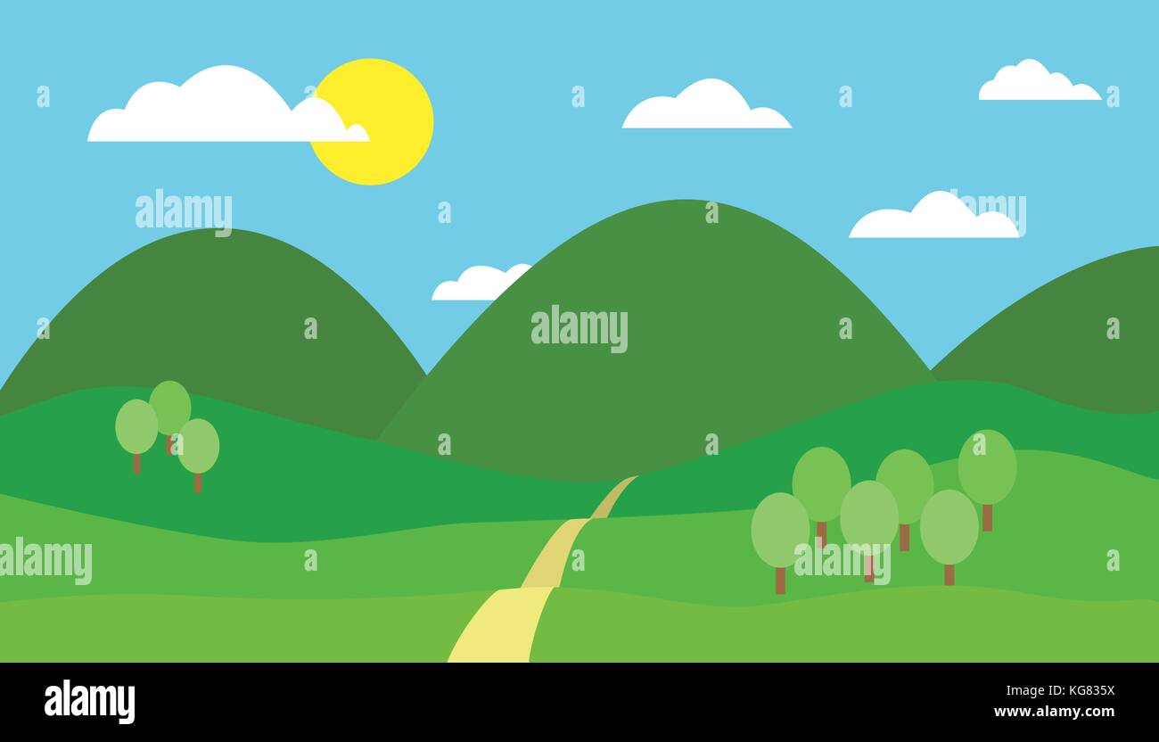 Cartoon colorati illustrazione vettoriale del paesaggio di montagna con hill, il percorso e gli alberi sotto il cielo blu con nuvole e sole in una giornata di sole Illustrazione Vettoriale