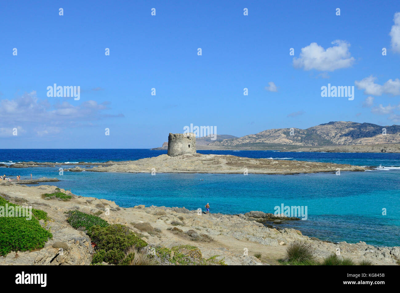 Vista sulla spiaggia della Pelosa, Stintino, Parco Nazionale dell'Asinara, provincia di Sassari, Sardegna, Italia, Europa Foto Stock