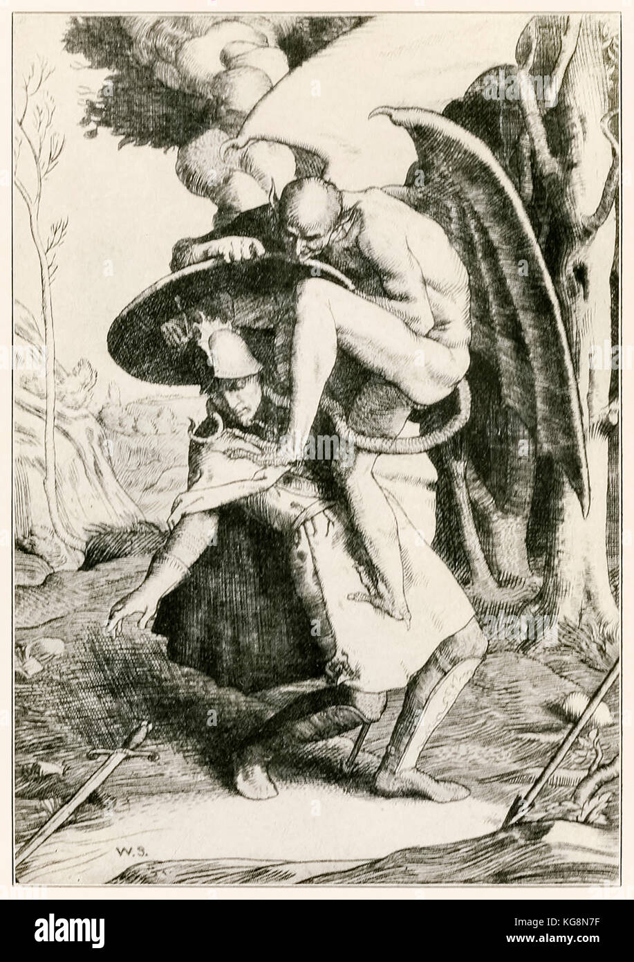 "Cristiano combatte Apollyon" da 'Pellegrino la progressi da questo mondo per ciò che è a venire" di John Bunyan (1628-1688) illustrazione da William Strang (1859-1921). Cristiana Apollyon combatte nella valle di umiliazione. Vedere ulteriori informazioni qui di seguito. Foto Stock