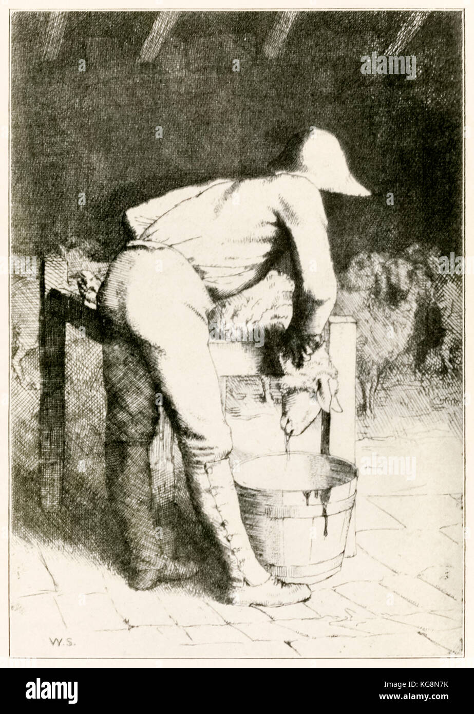 Il "Macellaio e le pecore' da 'Pellegrino la progressi da questo mondo per ciò che è a venire" di John Bunyan (1628-1688) illustrazione da William Strang (1859-1921). Le pecore prende la sua morte nel silenzio e nella pazienza. Vedere ulteriori informazioni qui di seguito. Foto Stock