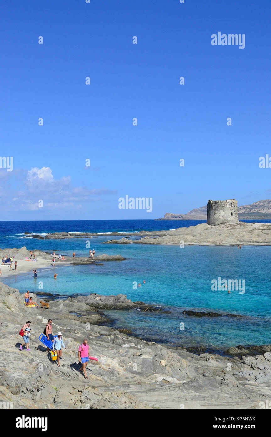 Vista sulla spiaggia della Pelosa, Stintino, Parco Nazionale dell'Asinara, provincia di Sassari, Sardegna, Italia, Europa Foto Stock