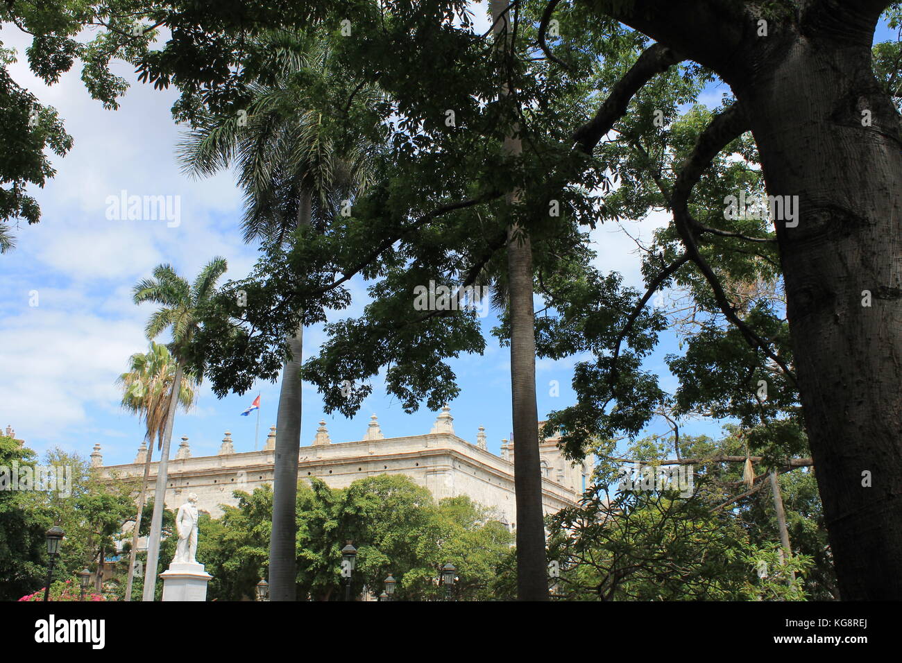 Guardando attraverso gli alberi in un vecchio stile spagnolo in costruzione in pietra con la bandiera cubana battenti sul tetto, l'Avana, Cuba. Foto Stock