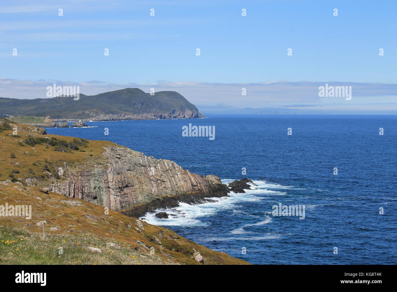 Vista panoramica dell'Oceano Atlantico e la città costiera di Ferryland e il Ferryland Downs, Terranova Labrador, Canada Foto Stock