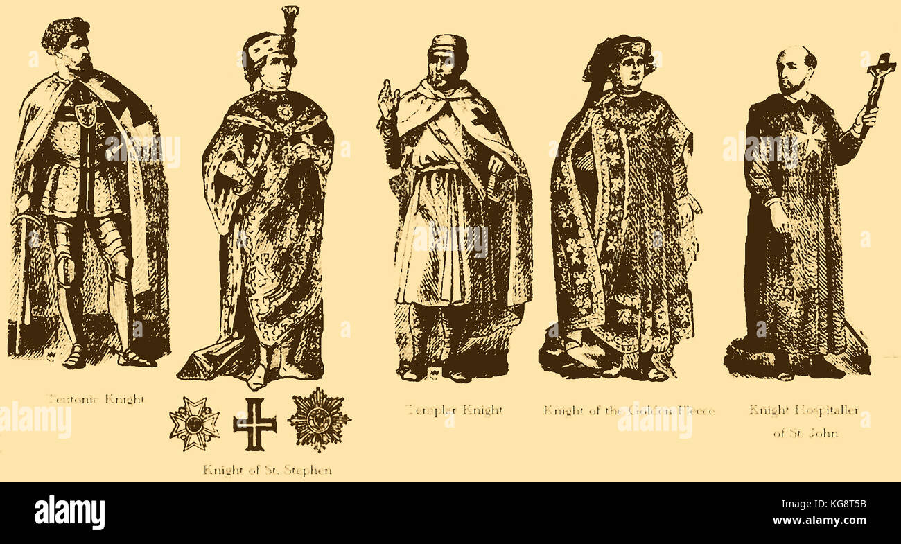 Vari Ordini di cavalieri medievali nelle loro vesti tradizionali o di costumi Foto Stock