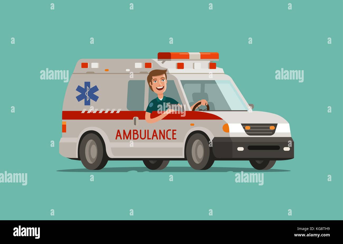 Felice medic va in auto. Un servizio di ambulanza, cura di emergenza, concetto dell'ospedale. Medicina illustrazione vettoriale Illustrazione Vettoriale