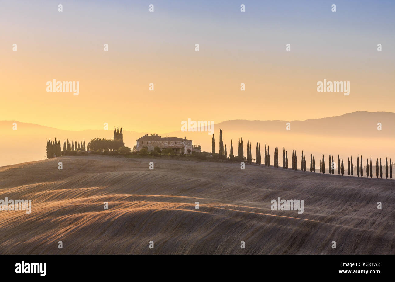 Paesaggio toscano con cipressi e cascina di sunrise, dawn, San Quirico d'Orcia, Val d'Orcia, Toscana, Italia Foto Stock