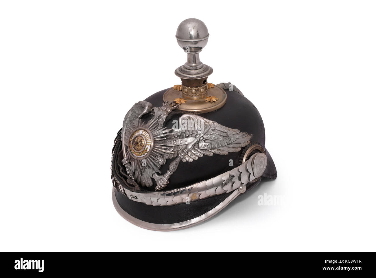 Vecchio timone tedesco del XIX secolo, cosiddetto pickelhaube (picco helm). Foto Stock