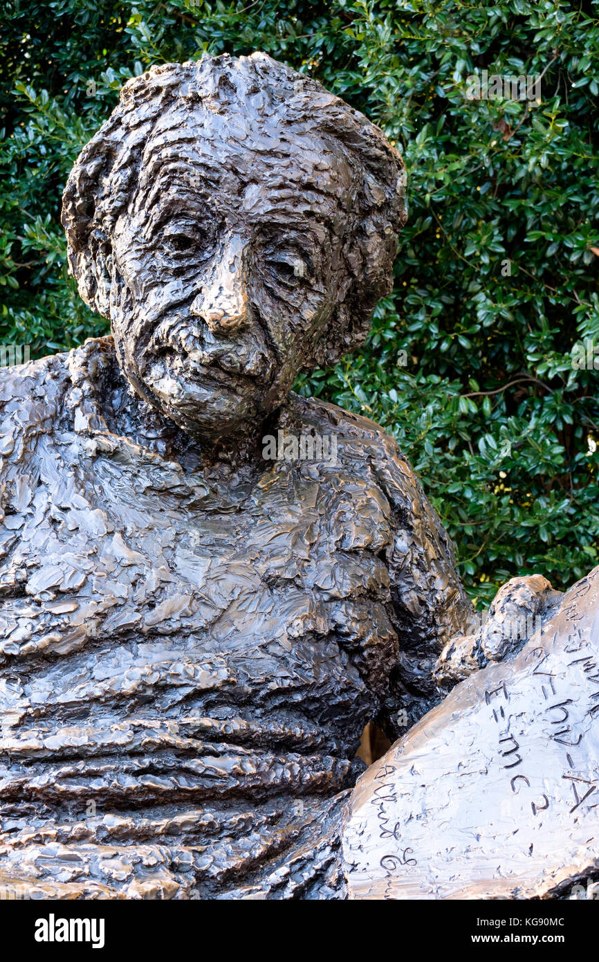 Primo piano della statua in bronzo facciale di Albert Einstein, scultura al memoriale di Albert Einstein a Washington, D.C., Stati Uniti d'America, USA. Foto Stock