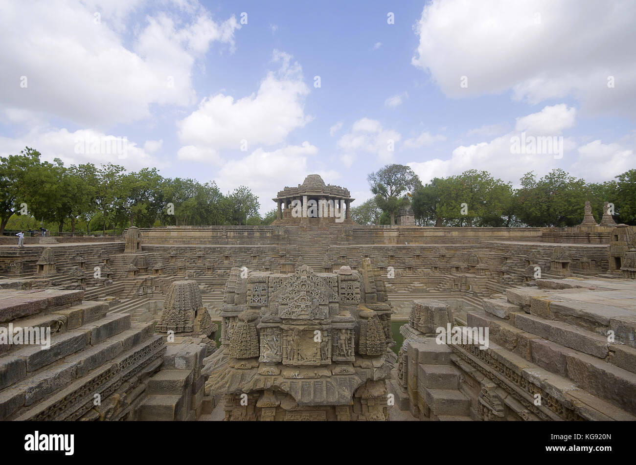 Vista esterna del tempio del sole , sulla sponda del fiume pushpavati. costruito nel 1026 - 27 d.c. durante il regno di bhima i della dinastia chaulukya. modhera Foto Stock
