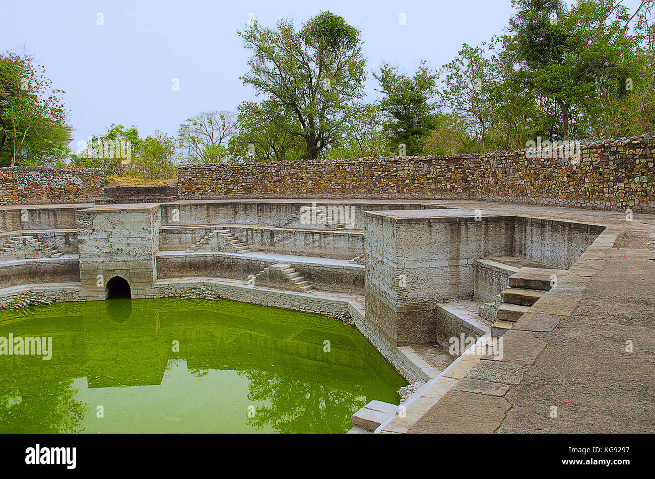 Passo bene, situato a Jami Masjid (Moschea), Champaner protetto dall'UNESCO - Parco Archeologico Pavagadh, Gujarat, India. Date al 1513, lavori di costruzione Foto Stock