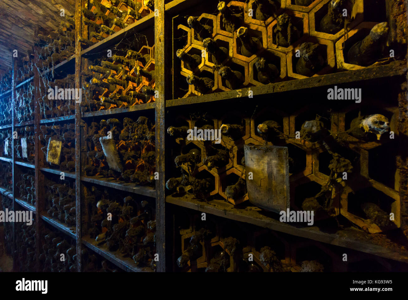 Bottiglie in cantina di vini in cantina Foto Stock