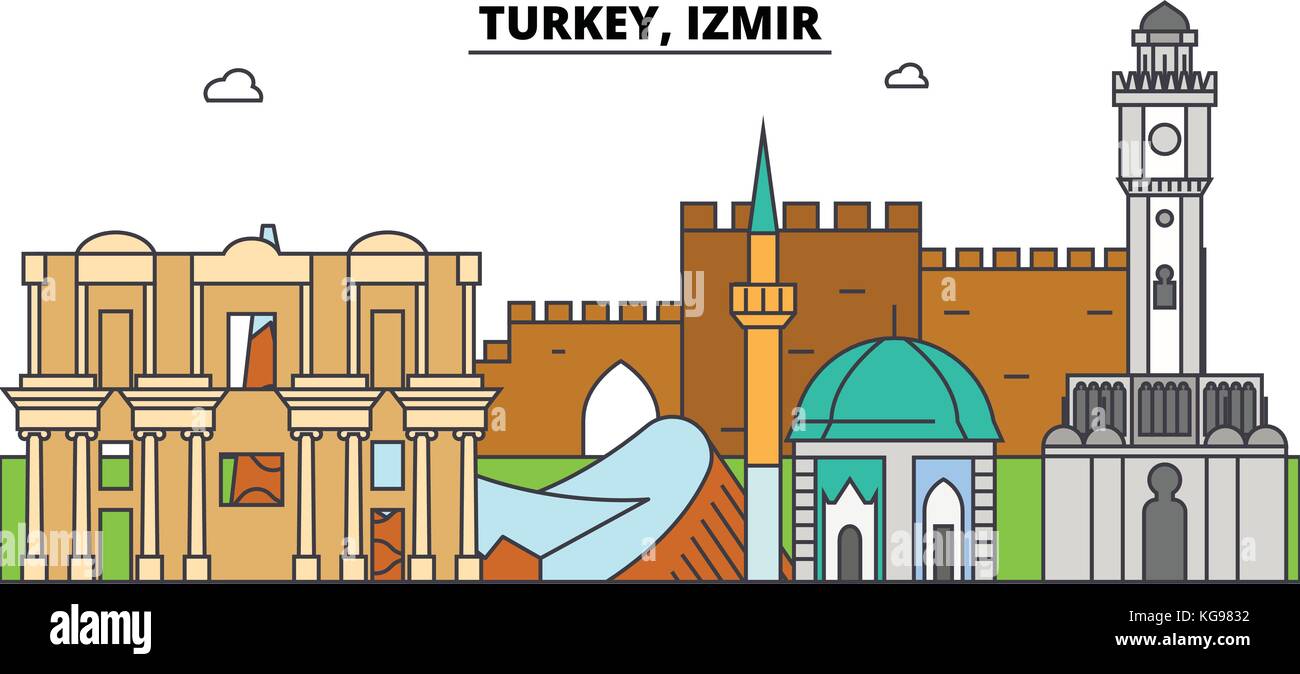 Turchia, Izmir skyline di contorno, turco piatta linea sottile icone, punti di riferimento, le illustrazioni di cui la Turchia izmir cityscape, turco città viaggio vettore banner. silhouette urbana Illustrazione Vettoriale