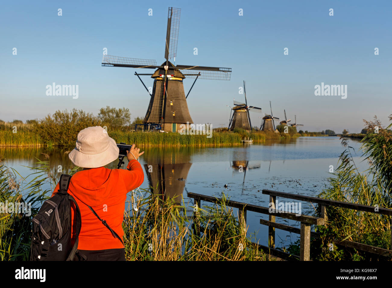 Mulini a vento storico, sito patrimonio mondiale dell'unesco, kinderdijk, sud dei Paesi Bassi, Netherland, europa Foto Stock