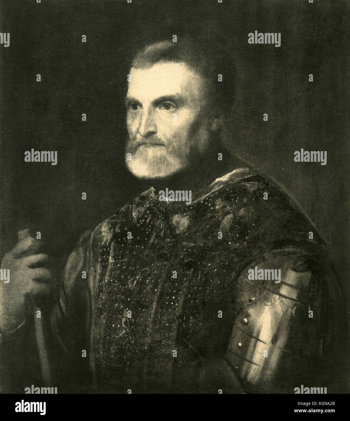 Ritratto di un guerriero forse il padre del pittore Tiziano, dipinta da Tiziano Foto Stock
