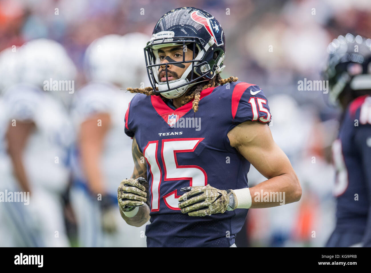 Houston, TX, Stati Uniti d'America. 5 Novembre, 2017. Houston Texans ampia ricevitore Fuller (15) durante il primo trimestre di NFL di una partita di calcio tra la Houston Texans e Indianapolis Colts a NRG Stadium di Houston, TX. Trask Smith/CSM/Alamy Live News Foto Stock