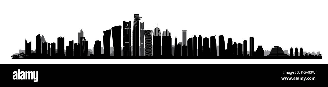 Città skyline di Doha. arabo paesaggio urbano. capitale del Qatar grattacielo silhouette di edifici Illustrazione Vettoriale