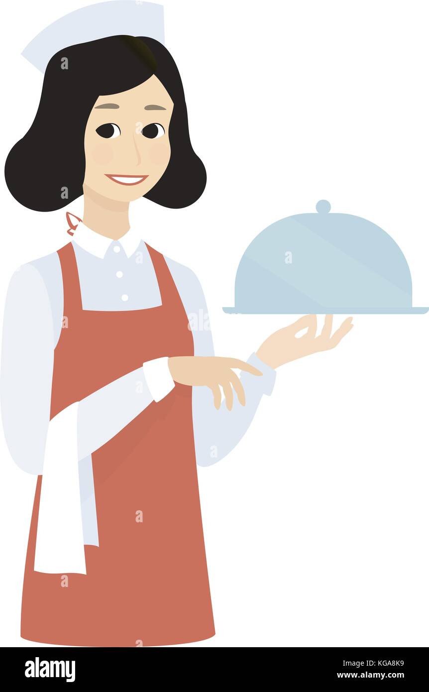 Carino cameriera con vassoio piatto.cartoon vettore illustrazione piatto design. Illustrazione Vettoriale