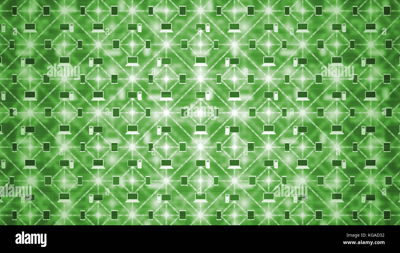 Un impressionante 3d illustrazione di un calcolatore verde rete dal display e smart phone legato come quadrato e rombo figure con nodi splendente betwe Foto Stock