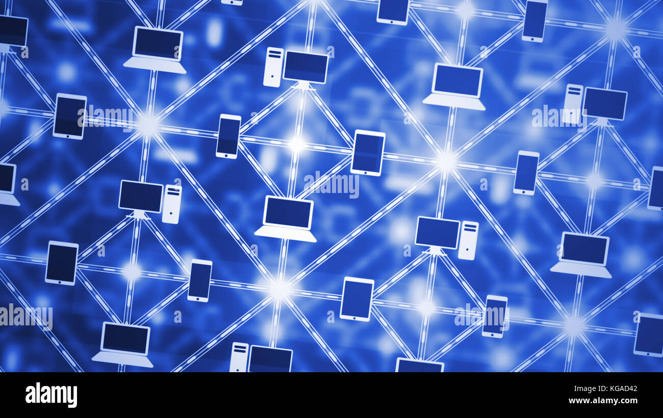 Un avveniristico 3d illustrazione di un computer bianco e blu dalla griglia di desktop e telefoni intelligenti connessi come quadrato e rombo forme poste in diagonale Foto Stock