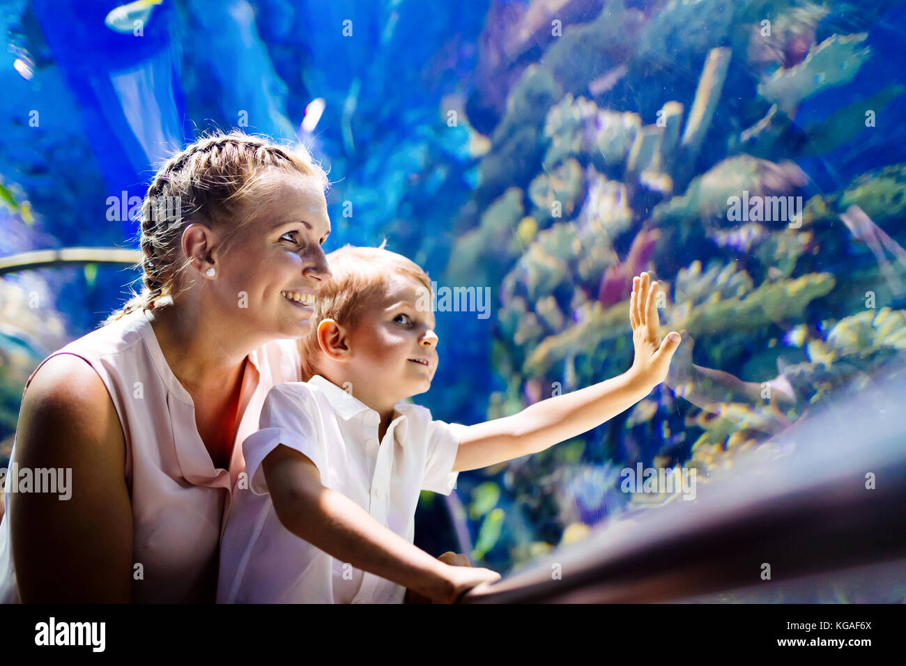 Madre e figlio guardando la vita di mare in oceanarium Foto Stock