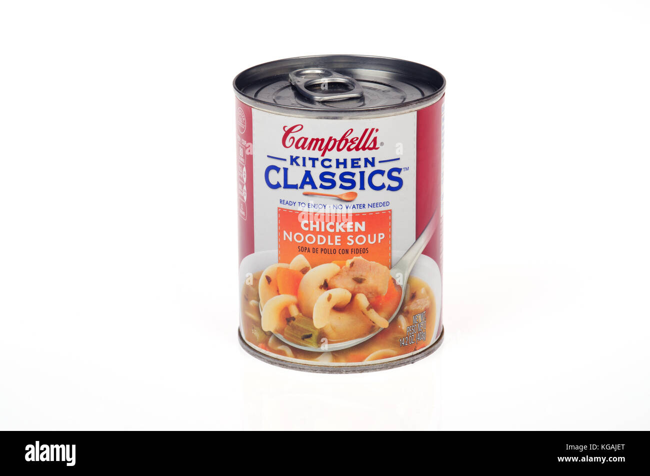 Possibile di Campbell's Kitchen Classics zuppa di noodle al pollo isolati su sfondo bianco Foto Stock