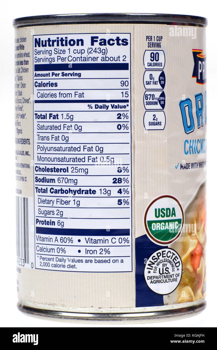 Etichetta nutrizionale sul progresso organici di zuppa di noodle al pollo Foto Stock