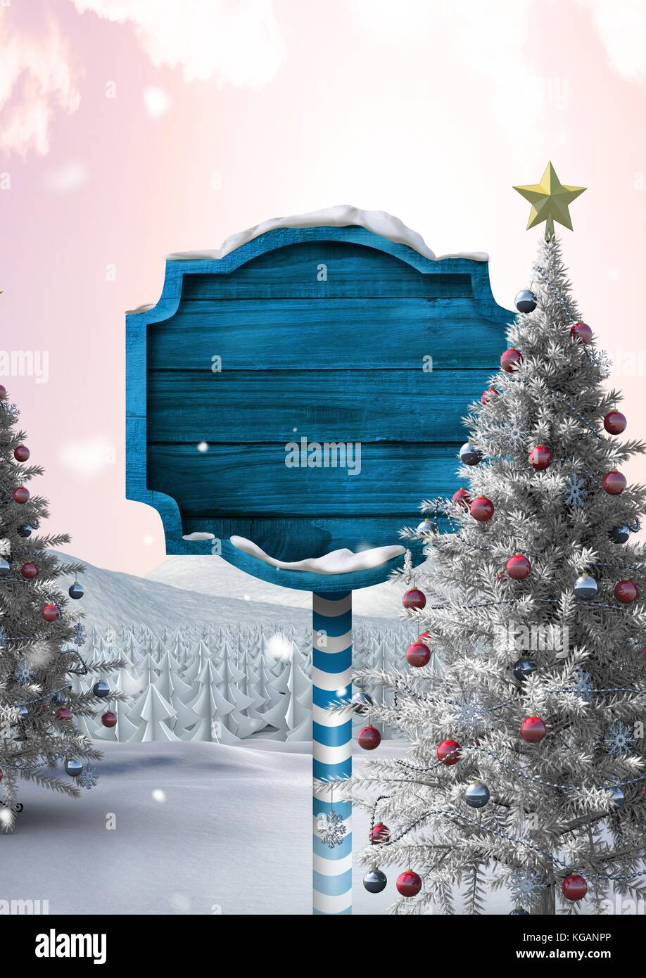Composito Digitale del cartello in legno in Natale paesaggio invernale con albero di Natale Foto Stock
