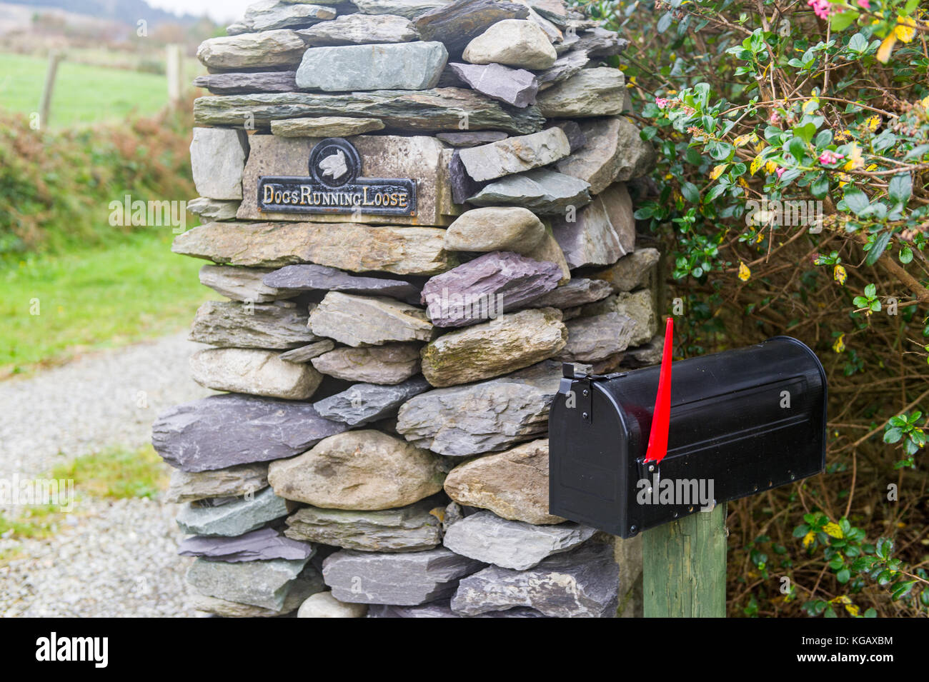Stile Americano postbox accanto a secco di un muro di pietra nel paese in Ballydehob, West Cork, Irlanda. Foto Stock