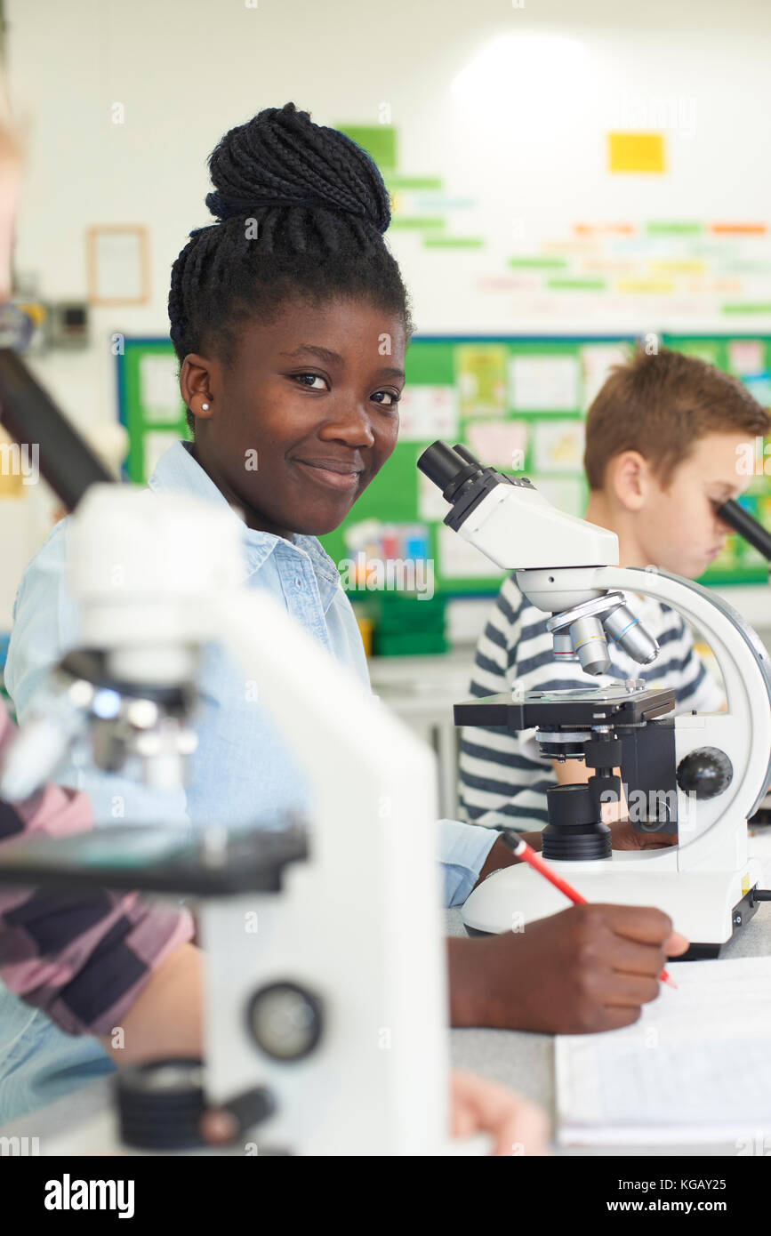 Un gruppo di alunni con microscopi in classe di scienze Foto Stock
